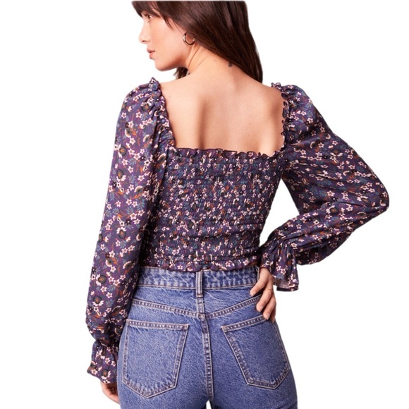 NWT BAND OF THE FREE Cropped Purple Floral Smocked Long Sleeve Blouse Sz XS - Picture 5 of 12